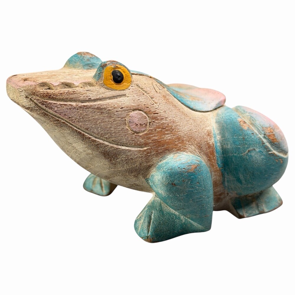 Hand Carved Wooden Frog Flap Hidden Compartment Trinket Box Rustic Folk Art VTG